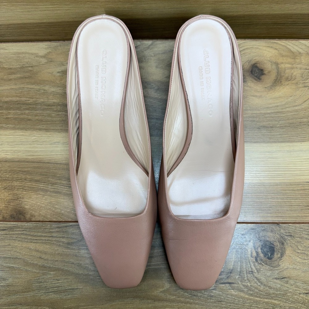 Club Monaco Square Toe Mules Womens 8.5 EU 38.5 Nude Leather Low Heel